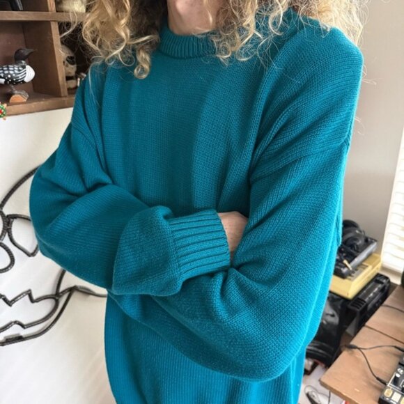 Vintage Deadstock 90s Eddie Bauer Teal Blue Knit Cotton Sweater ~ Size XL - Picture 3 of 6